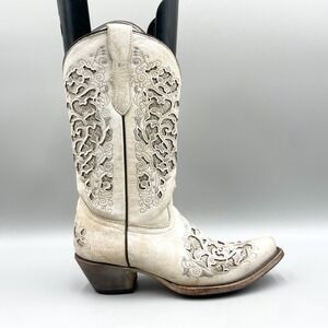 Corral Teens Size 4.5 White Distressed Glitter Inlay Western Boots Cowgirl Boho